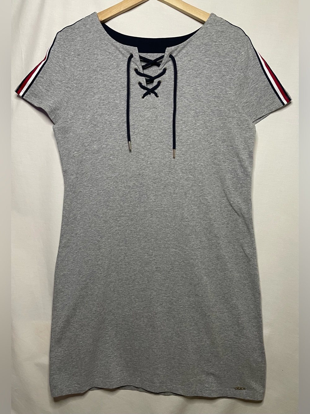 Tommy Hilfiger Grey Lace-Up T-Shirt Dress with Red-White-Navy Stripe